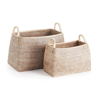 Two whitewash rattan baskets one large and one smaller. From the signature tight weave to the whitewash finish, Burmese artistry is truly exceptional. A level of skill and craftsmanship handed down from generation to generation.