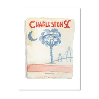 Beige Painting with red words saying Charleston S.C. with a blue crescent moon with blue palm tree and America's most historic city on the palm tree. A blue bridge in the background and red stripe at the bottom.
