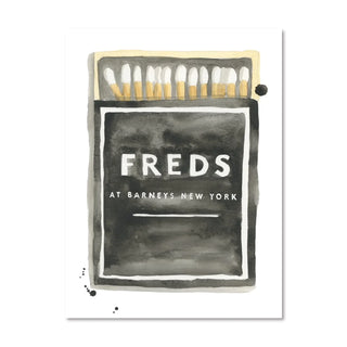 Painting of Gray matchbox with Freds at Barneys New York written on the box and with matches peaking out of box. 