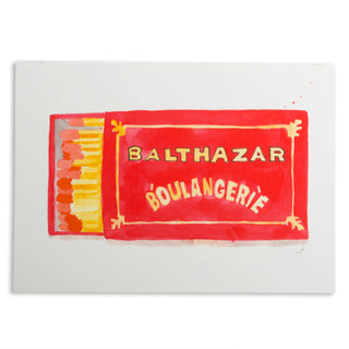 Painting of red matchbox with gold trim and Balthazar Boulangerie written in gold. Red matches are peaking out of matchbox.