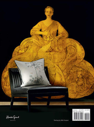 Kit Kemp Design Thread Book back cover with a black wall and gold woman art mural and black chair in front of wall. 