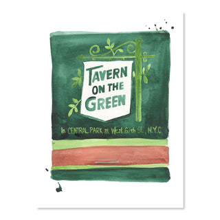 Green painting with "Tavern on the Green" sign with In central park at west 6th st., N.Y.C. with light green and orange stripes on the bottom.