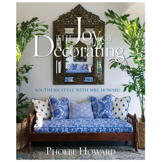 Joy of Decorating: Southern Style book cover with blue floral daybed and other southern style accents with title in white.