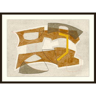 Artistic sketch of long geometric block shapes in orange, yellow, and tan gray colors with a light tan background and black frame.