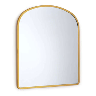 A simple, arched metal frame creates a wide mirrored area to create beautiful depth and dimension in your space.