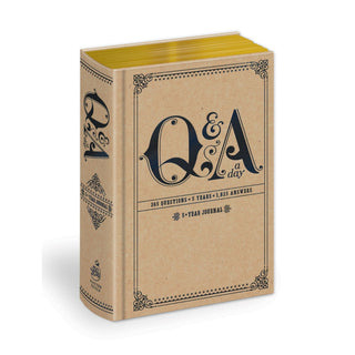 Q&A a Day: A Five Year Journal book cover with title on cover in antique fonts and taupe coloring. 