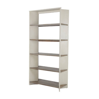 This uniquely styled bookcase features V-shape Cerused White waterfall sides that offer an attractive contrast to the Cerused Natural Gray shelves