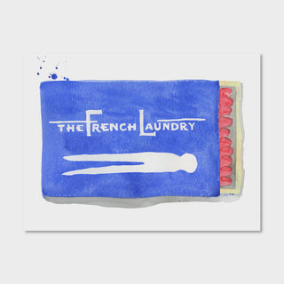 painting of blue matchbox with "the french laundry" written on top with the matches peaking out of the box. 