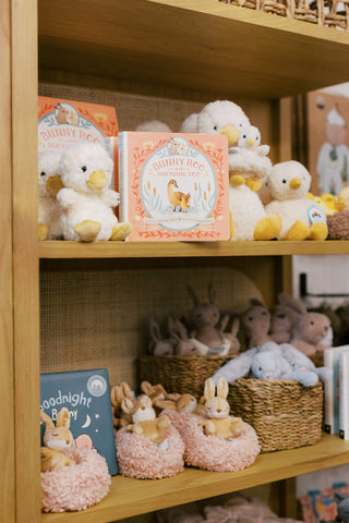Shelving unit with kids toys and little stuffed animals at Found by Domestic Bliss in Chandler Arizona.