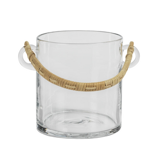 The Byblos Glass Ice Bucket & wine cooler that is made of glass with rattan handle. Chill your favorite wine or champagne inside our clear glass with a rattan handle ice bucket.