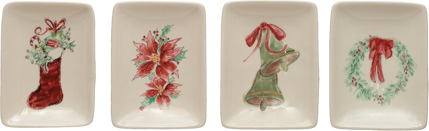 Stoneware Dish w/ Greenery/Holiday Image & Gold Electroplating, 4 Styles