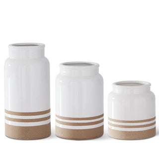 White & Tan Striped Ceramic Vase
