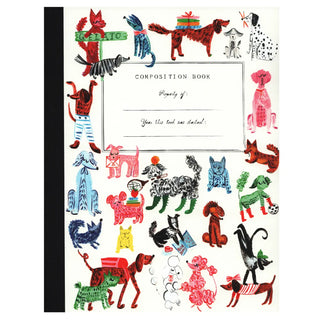 Composition Book with artistically drawn dogs on cover.