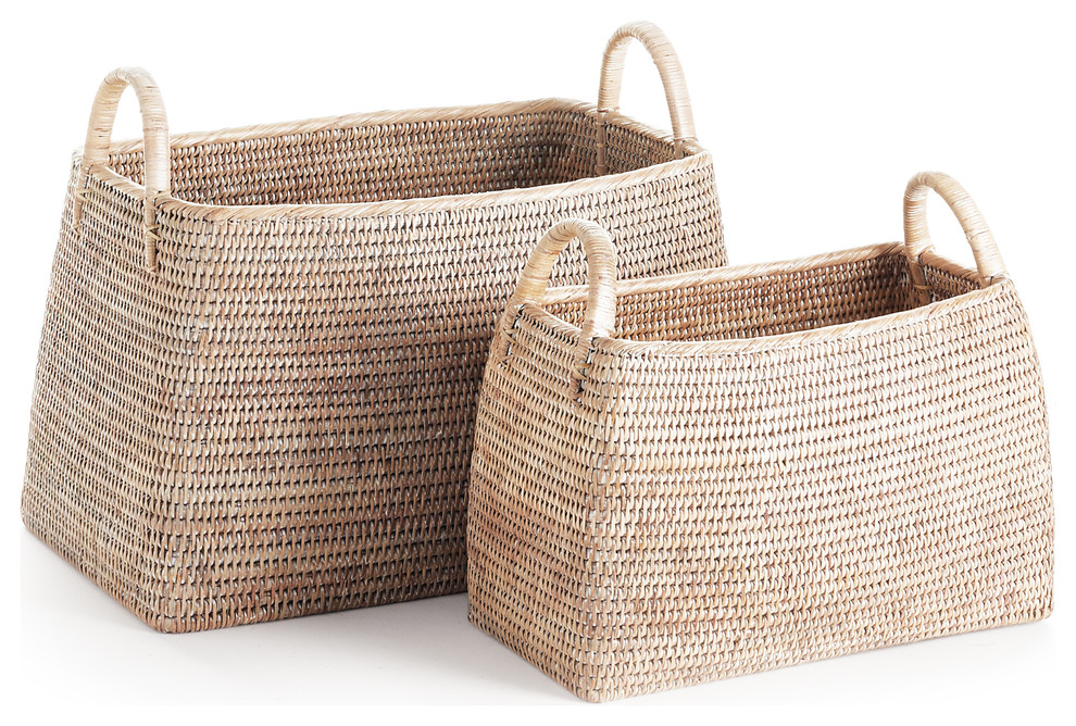 Two whitewash rattan baskets one large and one smaller. From the signature tight weave to the whitewash finish, Burmese artistry is truly exceptional. A level of skill and craftsmanship handed down from generation to generation.