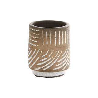 The Carmine Vase is terracotta with a simple modern silhouette and etched white patterned finish, resulting in a striking piece for the home or design. 