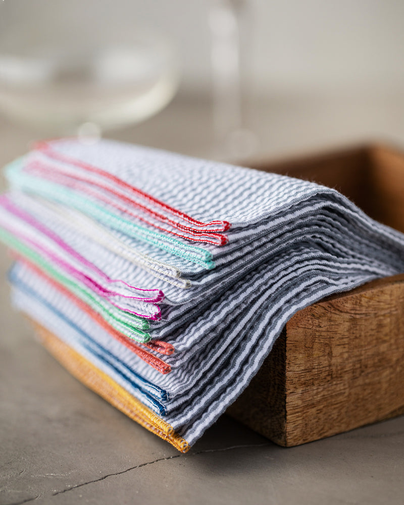 Grey Seersucker Cloth Napkins w/Colorful Edges, set of 8