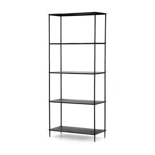 A rubbed black finish brings an industrial sense to the simple, open-air iron bookcase.