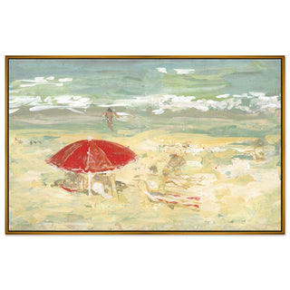 Beach scene painting with red umbrella 