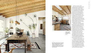 Oasis-Modern Desert Homes Around the World book pages showing a dining room and kids with words on one side.