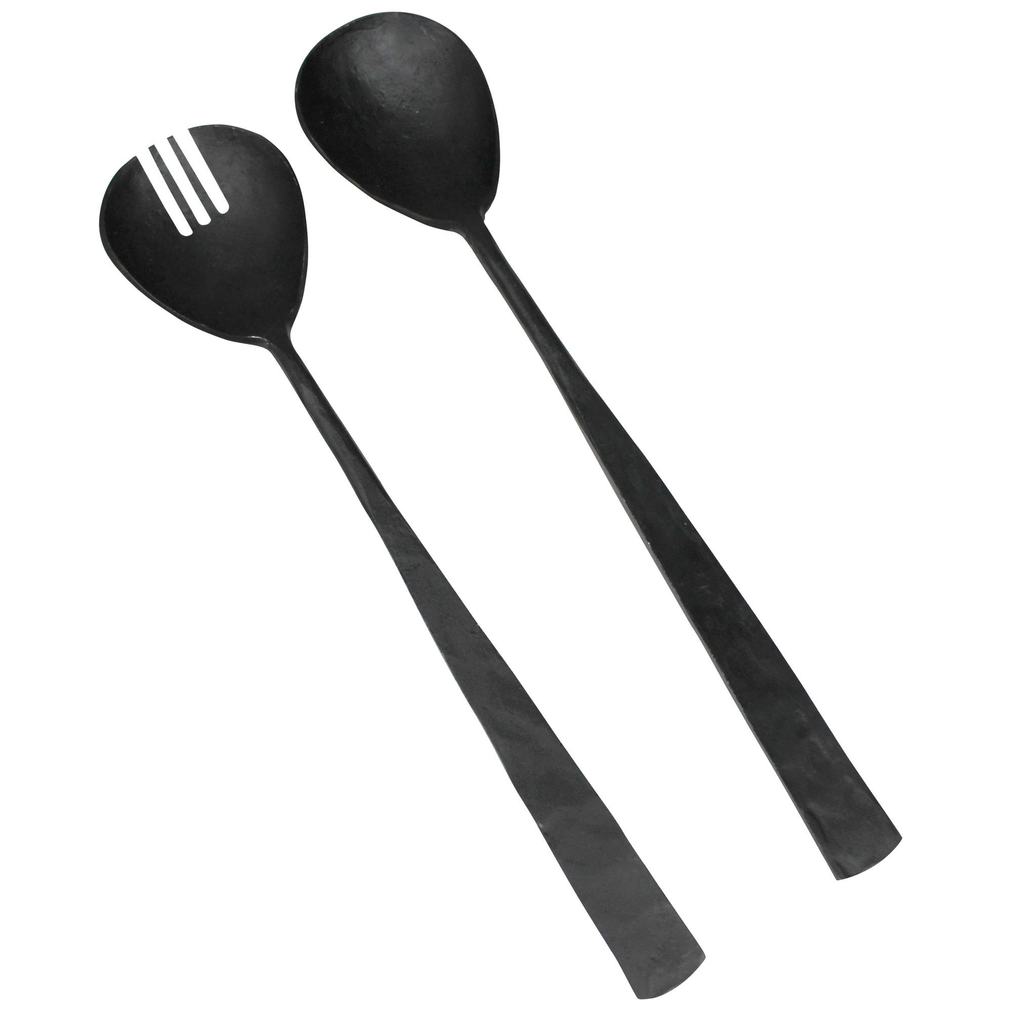 Salad servers are hand forged flaunting a softly hammered texture with a black zinc finish