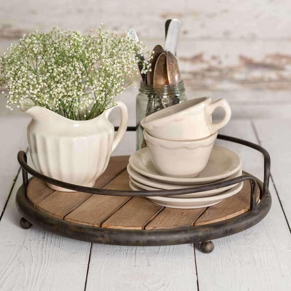 Decorative Wood Tray with Metal Stand