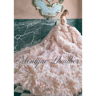 Monique Lhuillier book cover with woman in pink dress that is overflowing onto the floor with green stone on walls and green stone and white checkered floor. 