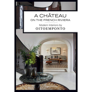 Chateau On The French Riviera book cover with title in black with a picture of neutral upscale modern french style entryway and sitting room.