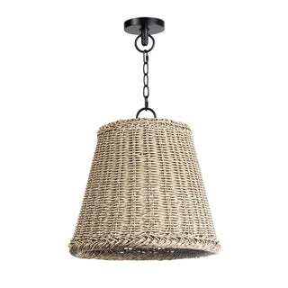 The Augustine Outdoor Pendant provides a relaxed, coastal or southern style with its white-washed woven wicker basket pendant and blackened metal detailing. 