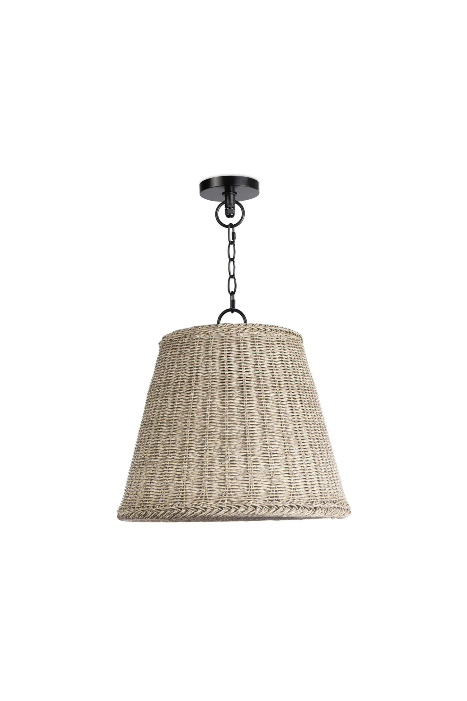 The Augustine Outdoor Pendant provides a relaxed, coastal or southern style with its white-washed woven wicker basket pendant and blackened metal detailing.
