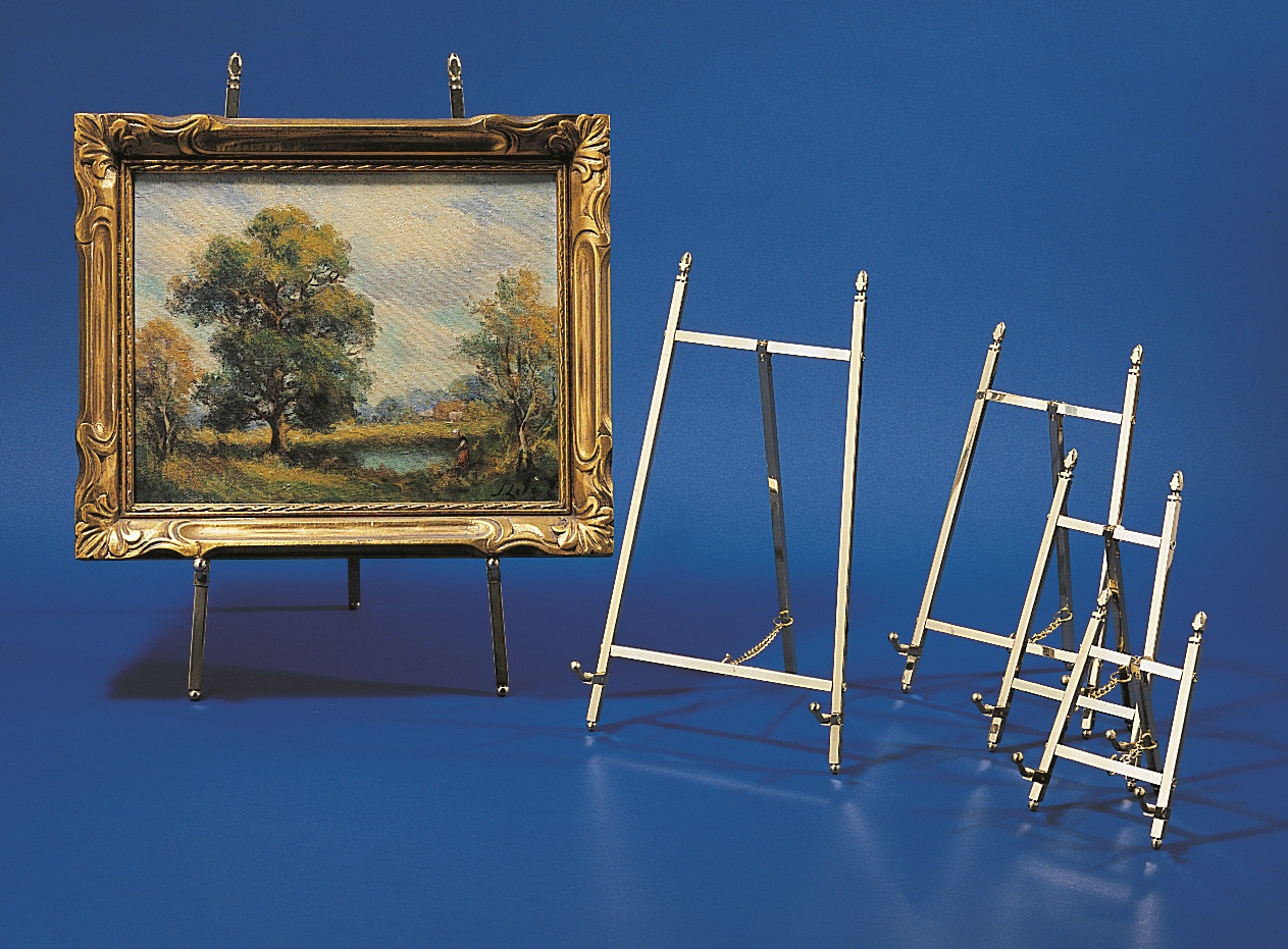 Small dark bronze metal easel for displaying decor items.