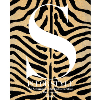 S is For Style book with animal tiger stripe print in background with large white S in middle and title below in white.