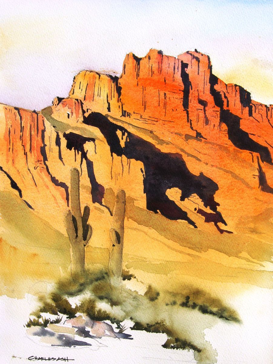 Artistic sketch and watercolor painting of desert red mountains and landscape.