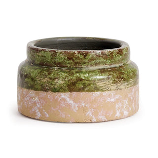 Faro low jar featuring green and brown glazed texture on the upper half and terracotta texture on the lower half of jar.