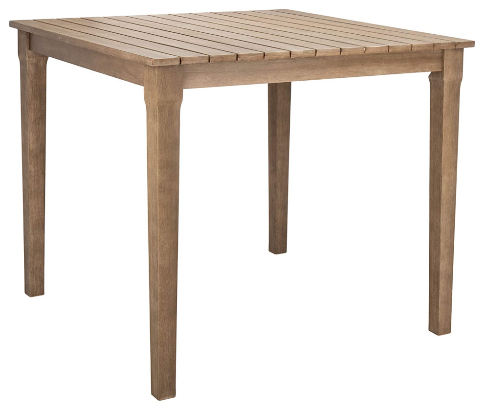 Eucalyptus slatted outdoor dining table with tapered legs.